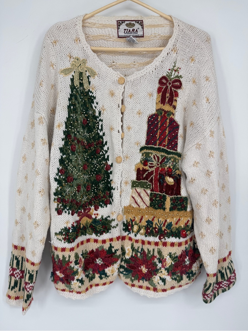 Vintage Cardigan with Green Christmas Tree and Red Gift Stack